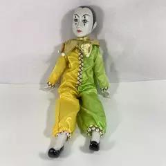 Vintage Hand Painted Porcelain Clown Mime Doll Green And Yellow Silk Costume