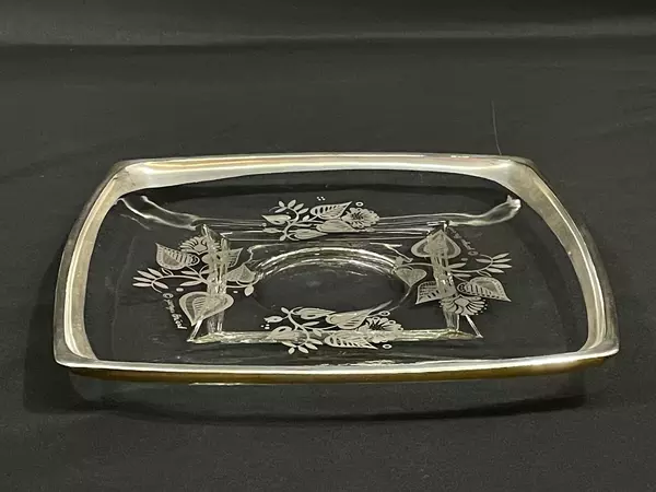 Vintage Georges Briard Silver Damask Floral Glass Tray 8.75" Square