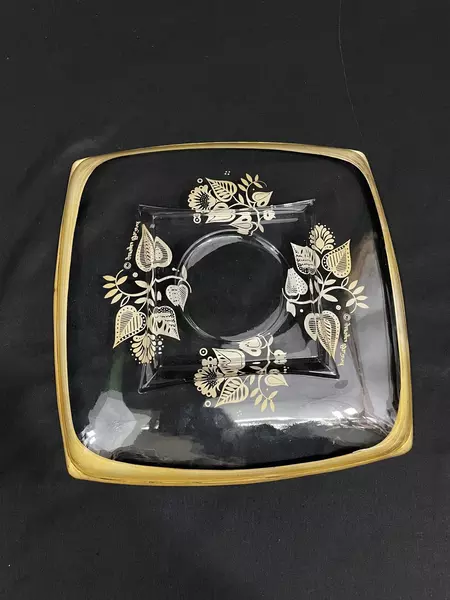 Vintage Georges Briard Silver Damask Floral Glass Tray 8.75" Square