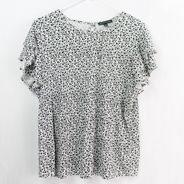 Adrianna Papell Black & White Flower Print Flutter Sleeve Blouse Women's Medium