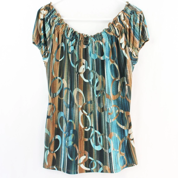 Blue and Brown Printed Short-Sleeve Blouse Women's Size Medium