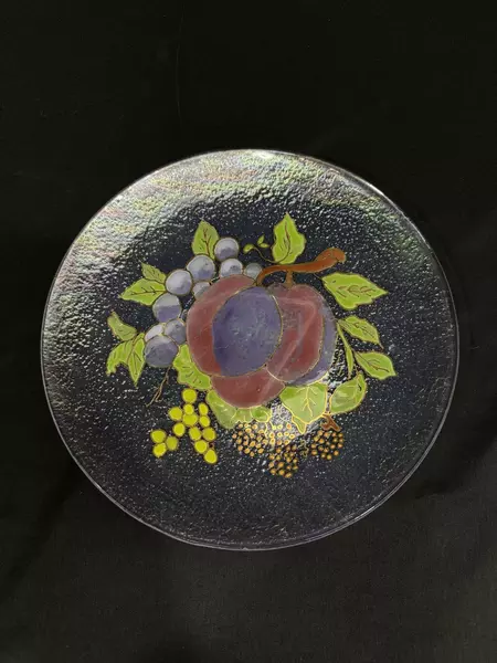 Hand Painted Textured Glass Plate 9.5" with Plum & Grape Design