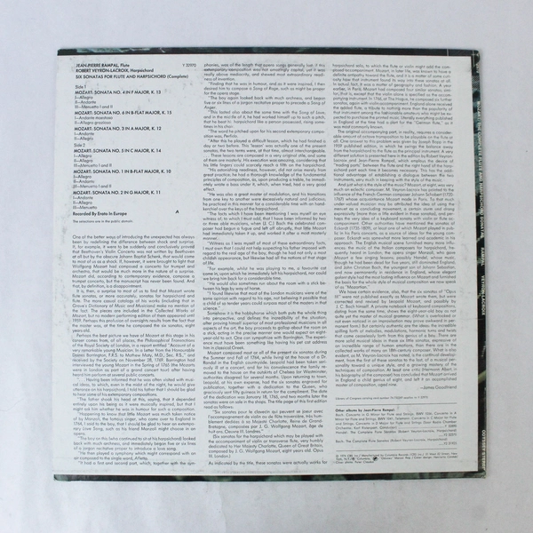Jean-Pierre Rampal Mozart Six Sonatas For Flute Vinyl LP Record 1974 Y-32970