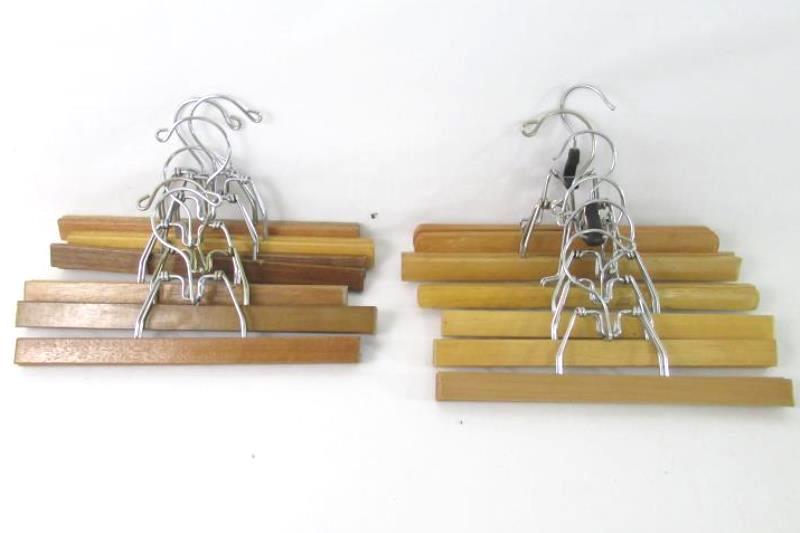 Lot of 12 Vintage Wood Wooden Clip Pants Hangers Bottoms Metal Hook Gloss Finish