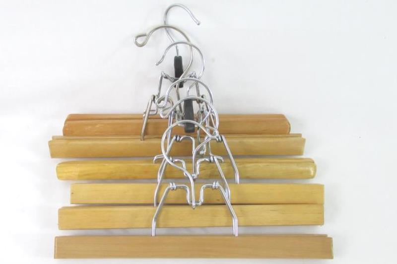 Lot of 12 Vintage Wood Wooden Clip Pants Hangers Bottoms Metal Hook Gloss Finish