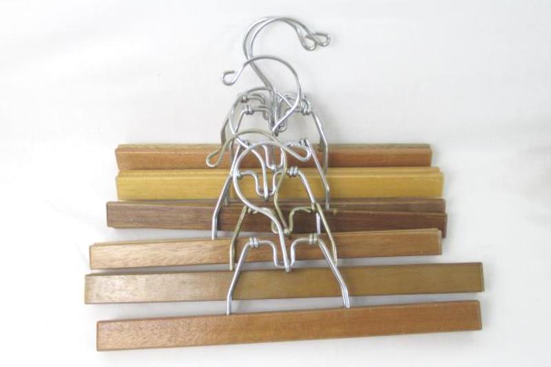 Lot of 12 Vintage Wood Wooden Clip Pants Hangers Bottoms Metal Hook Gloss Finish