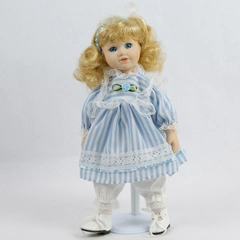 Collectible Blonde Porcelain Doll in Blue Lacy Dress With Stand 11"