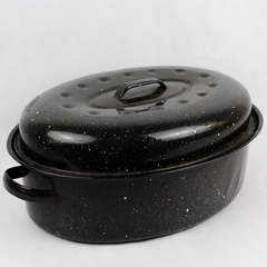 Vintage Roaster Pan Black Speckled Enamel Granite Ware Roasting Pan w/ Lid Large