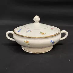 Vtg Pope Gosser Pinafore Covered Vegetable Bowl With Handles White With Flowers