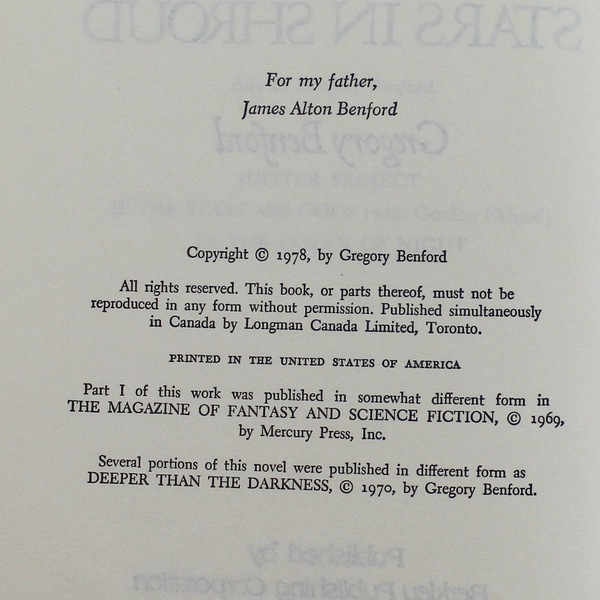 The Stars In Shroud by Gregory Benford 1978 Berkley Books No Dust Jacket