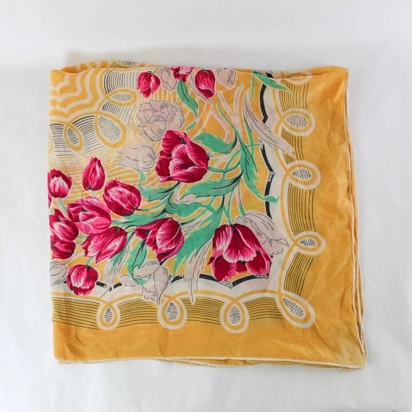 Vintage Floral Semi Sheer Scarf Wrap Shawl Yellow Beige Red Tulips 32"