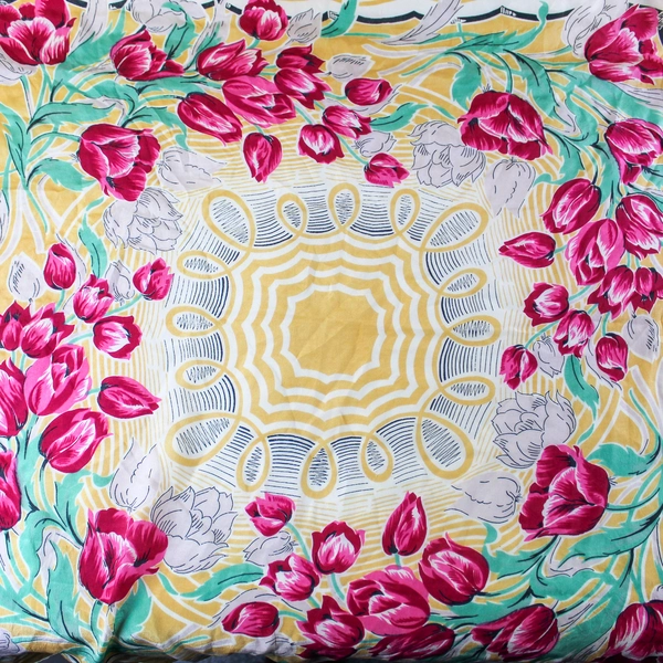 Vintage Floral Semi Sheer Scarf Wrap Shawl Yellow Beige Red Tulips 32"