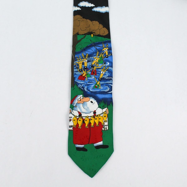 MMG Hallmark Yule Tie Greetings Fishing Santa and Reindeer Christmas Necktie 55"
