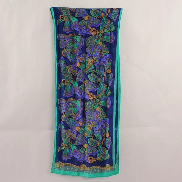 Vintage Morgan Taylor Silk Scarf Royal Blue Green Tan Paisley Chains Bows