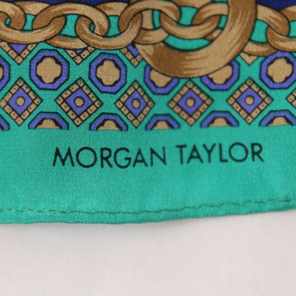 Vintage Morgan Taylor Silk Scarf Royal Blue Green Tan Paisley Chains Bows