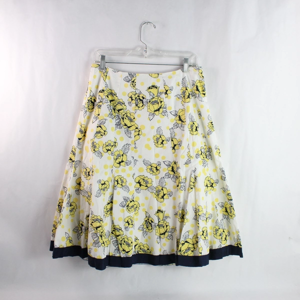 Chadwick's White Yellow Navy Floral Pattern Pleated Midi Skirt Women's Size 12