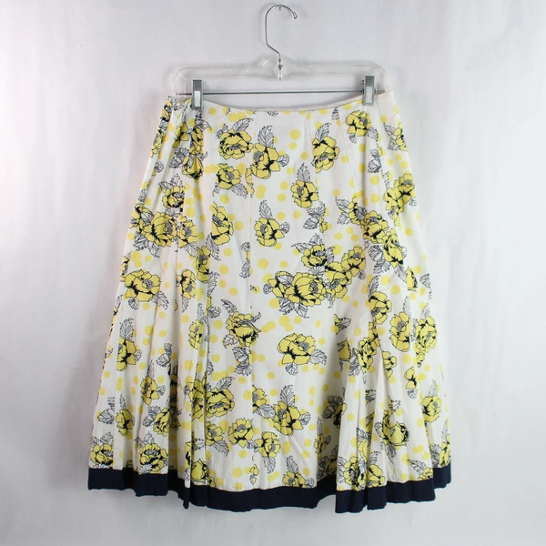 Chadwick's White Yellow Navy Floral Pattern Pleated Midi Skirt Women's Size 12