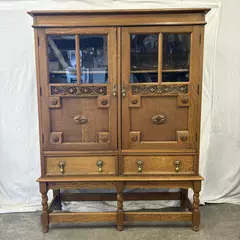 Antique Barley Twist Oak Wood Double Door Bookcase w/ Carved Detail, Brass, Key 