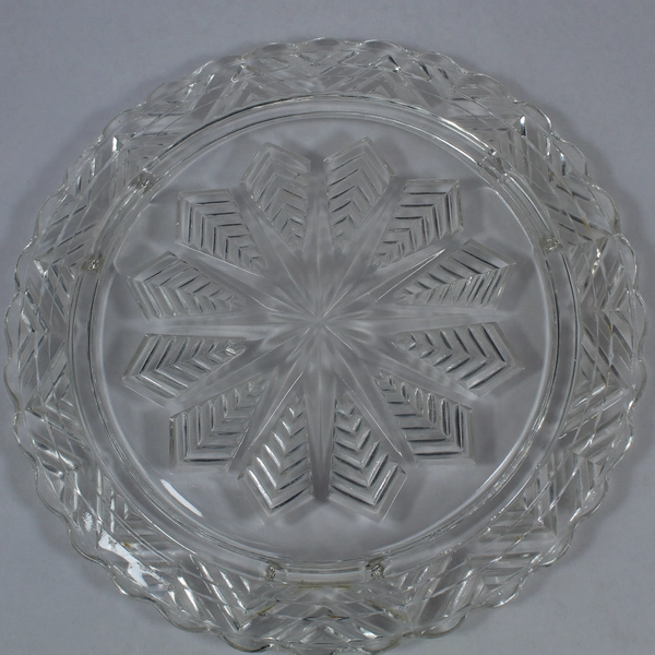 Vintage Glass Cake Plate Platter Footed Ribbed Starburst Scalloped 11.25"