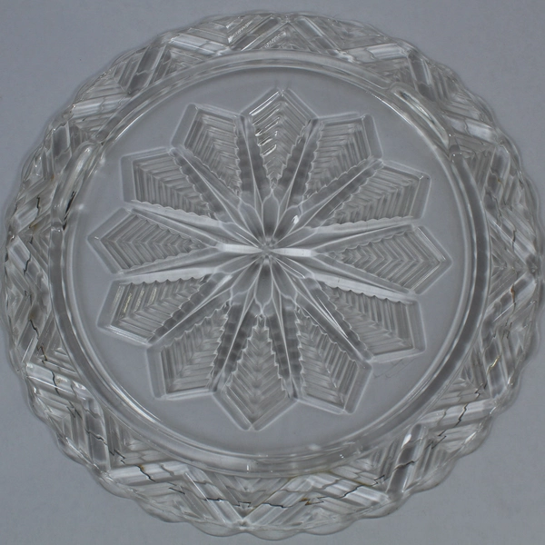 Vintage Glass Cake Plate Platter Footed Ribbed Starburst Scalloped 11.25"