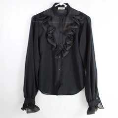 Stuart Lang Womens Size 9/10 Black Sheer Button up Blouse w/ Gold Trim and Frill