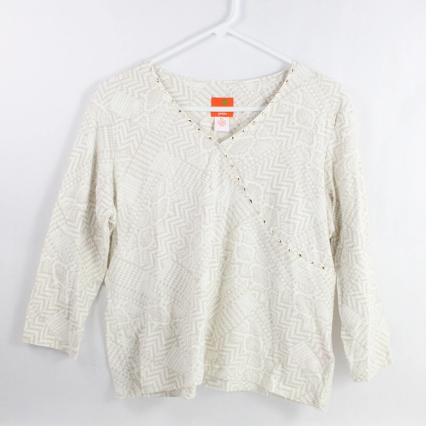 Hearts Of Palm Petite Women's Shirt Top Studs Brown Beige Size PL 3/4 Sleeves