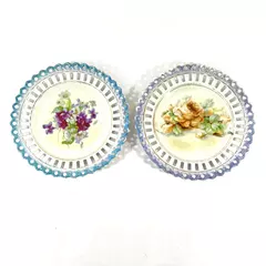 Lot of 2 Lustreware Floral Plates 7" Pierced Edge Decorative Dish Set
