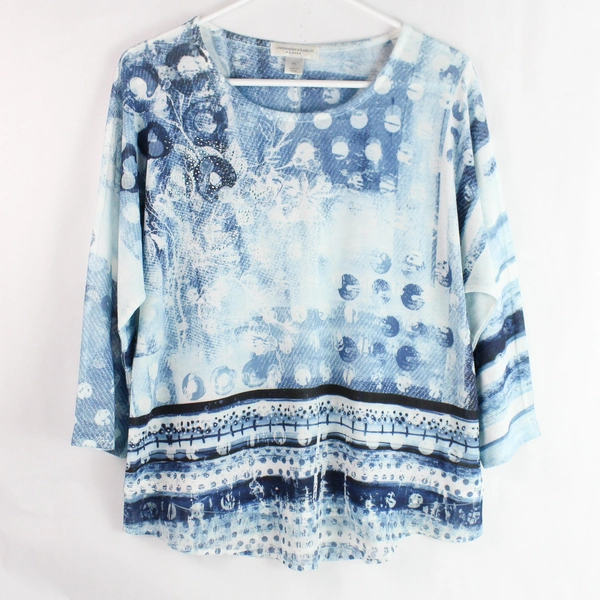 Christopher & Banks Women's Petite Blue Rhinestone Pattern Shirt Size P Large
