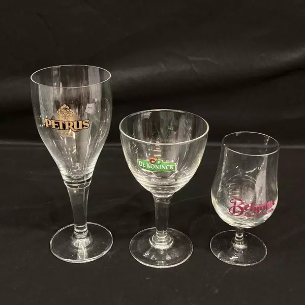 Lot Of 3 Mixed Footed Beer Glasses From Belgium De Koninck Petrus Belgique Ale