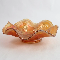 Decorative Iridescent Orange Carnival Glass Candy Dish w/ Grape Vines & Grapes