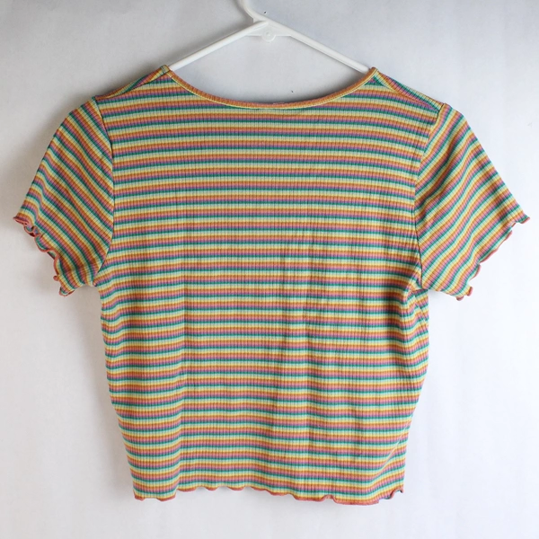 Wild Fable Women's Large V Neck Rainbow Striped Short Sleeve Lettuce Edge Top