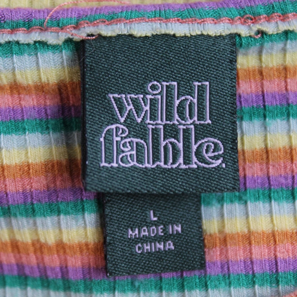 Wild Fable Women's Large V Neck Rainbow Striped Short Sleeve Lettuce Edge Top