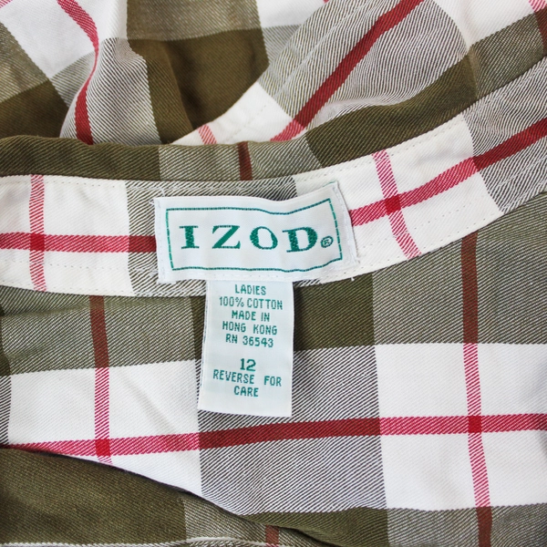 Izod Shirt Top Blouse Women's Size 12 Green White Red Long Sleeves Plaid