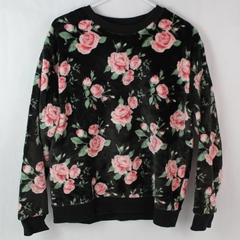 Aegean Apparel Women's Black Crewneck Sweater Pink Roses Size M Casual Wear
