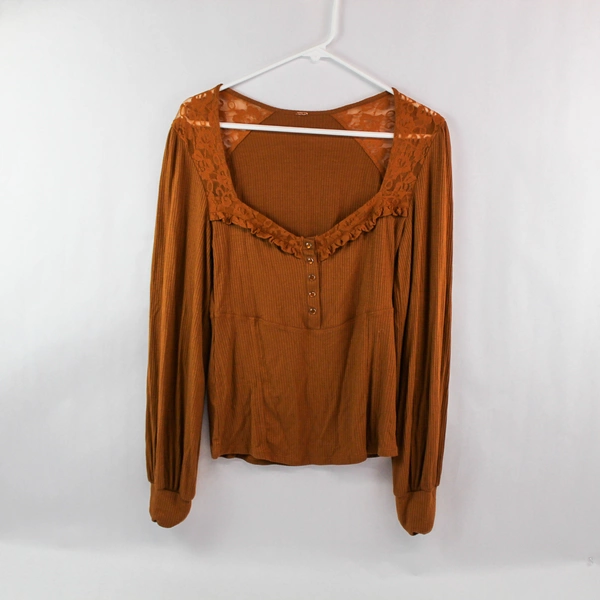 Free People Top Blouse Women's Size S/P Long Sleeves Brown Floral Lace Accent