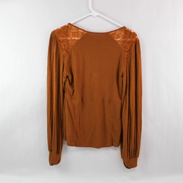 Free People Top Blouse Women's Size S/P Long Sleeves Brown Floral Lace Accent