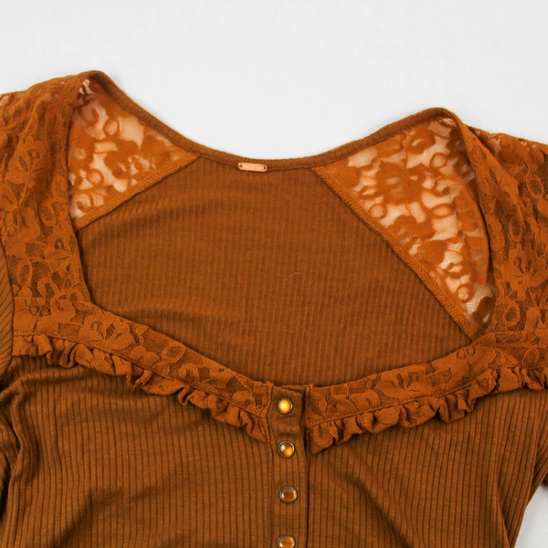 Free People Top Blouse Women's Size S/P Long Sleeves Brown Floral Lace Accent