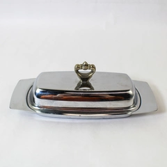 MCM Kromex Butter Dish Set with Glass Insert & Gold Tone Handle Vintage