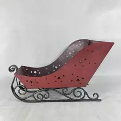 18 Inch Long Burgundy Metal Santa Sleigh With Black Runners Cut Out Stars