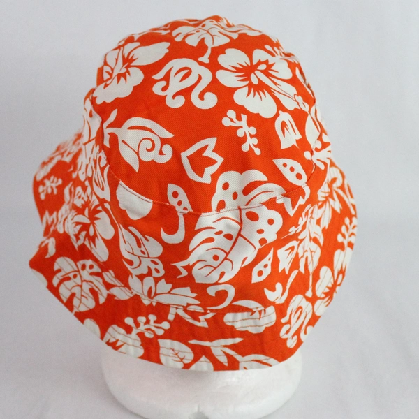 Unbranded Hibiscus Tropical Floral Print Bucket Hat Orange White 100% Cotton