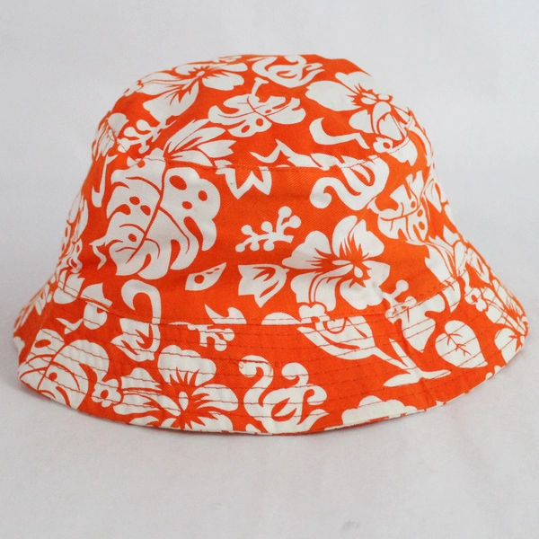 Unbranded Hibiscus Tropical Floral Print Bucket Hat Orange White 100% Cotton