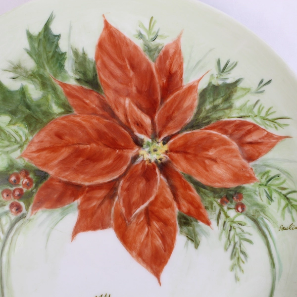 Handmade Christmas Poinsettia Dinner Plate Wall Decor Pre-Owned Stains & Crack