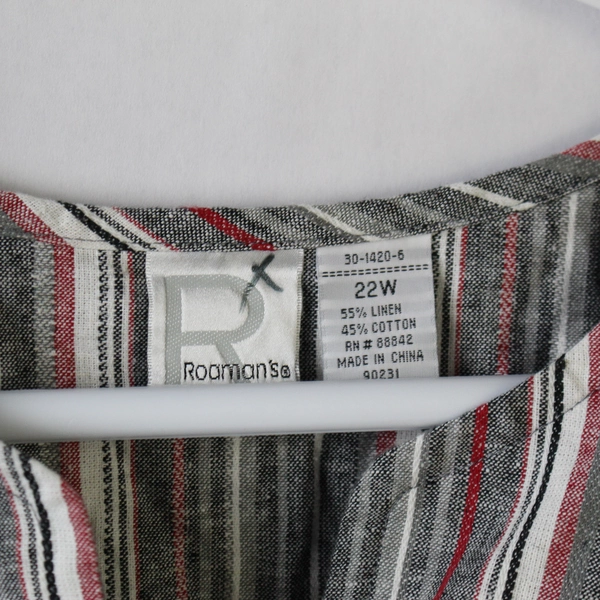 Roaman's Women's Linen Blend Shirt Multicolored Striped V-Neck 3/4 Sleeve Sz 22W
