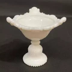Small Embossed Milk Glass Compote with Petal & Scroll Pattern 4.25"
