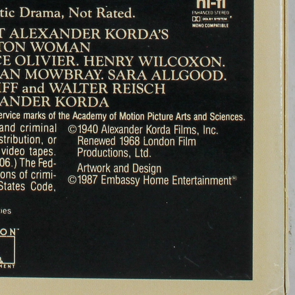 That Hamilton Woman VHS 1987 Embassy Home Entertainment Vivien Leigh