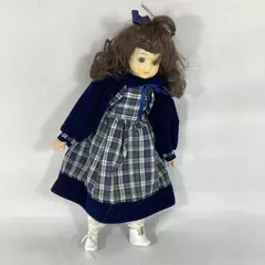 Vtg 15.5 Inch Porcelain Doll Brown Hair Blue Eyes Blue Velvet And Plaid Dress