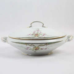 Vtg Hutschenreuther Covered Round Vegetable Bowl White w/ Pink Flowers Bavaria