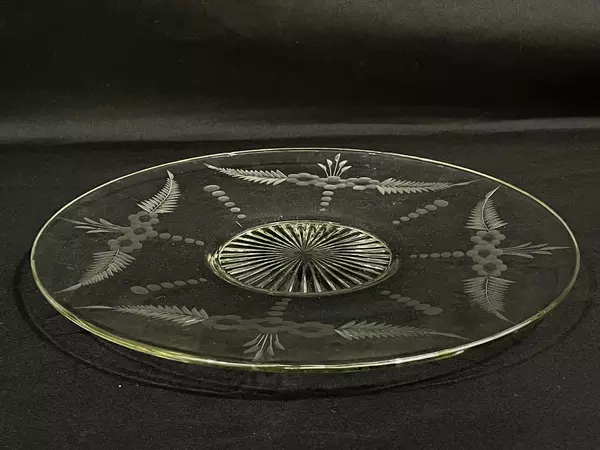 Etched 12" Flower Dot & Fern Glass Platter Good Pre-Owned Condition