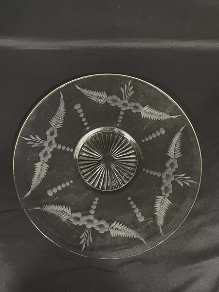 Etched 12" Flower Dot & Fern Glass Platter Good Pre-Owned Condition