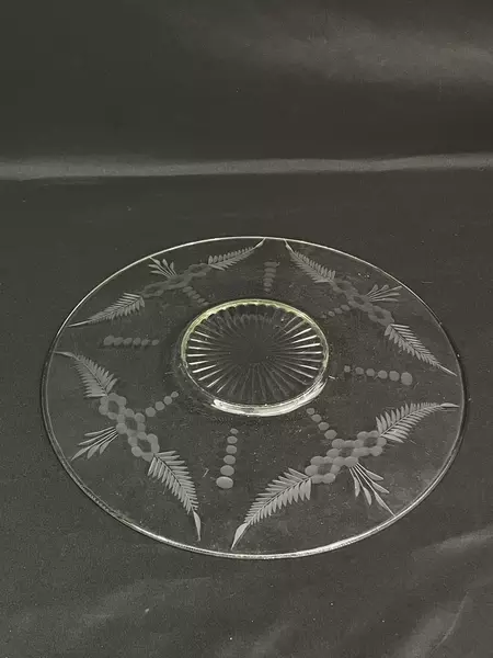 Etched 12" Flower Dot & Fern Glass Platter Good Pre-Owned Condition